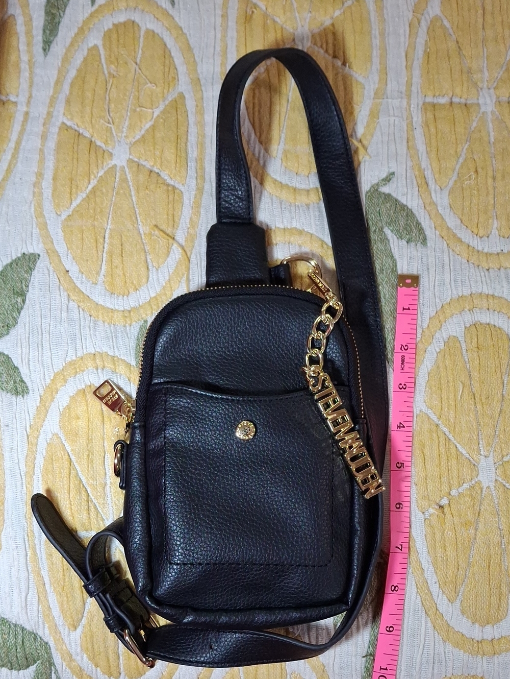 Steve Madden Black Leather Small Crossbody with Gold Logo Charm